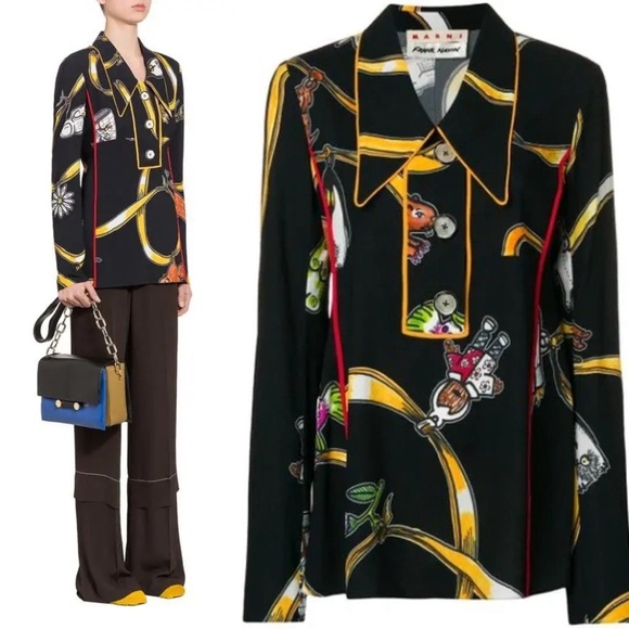 Marni Cracker Jack Sable Long Sleeve Polo Neck Printed Shirt Blouse NWT Black